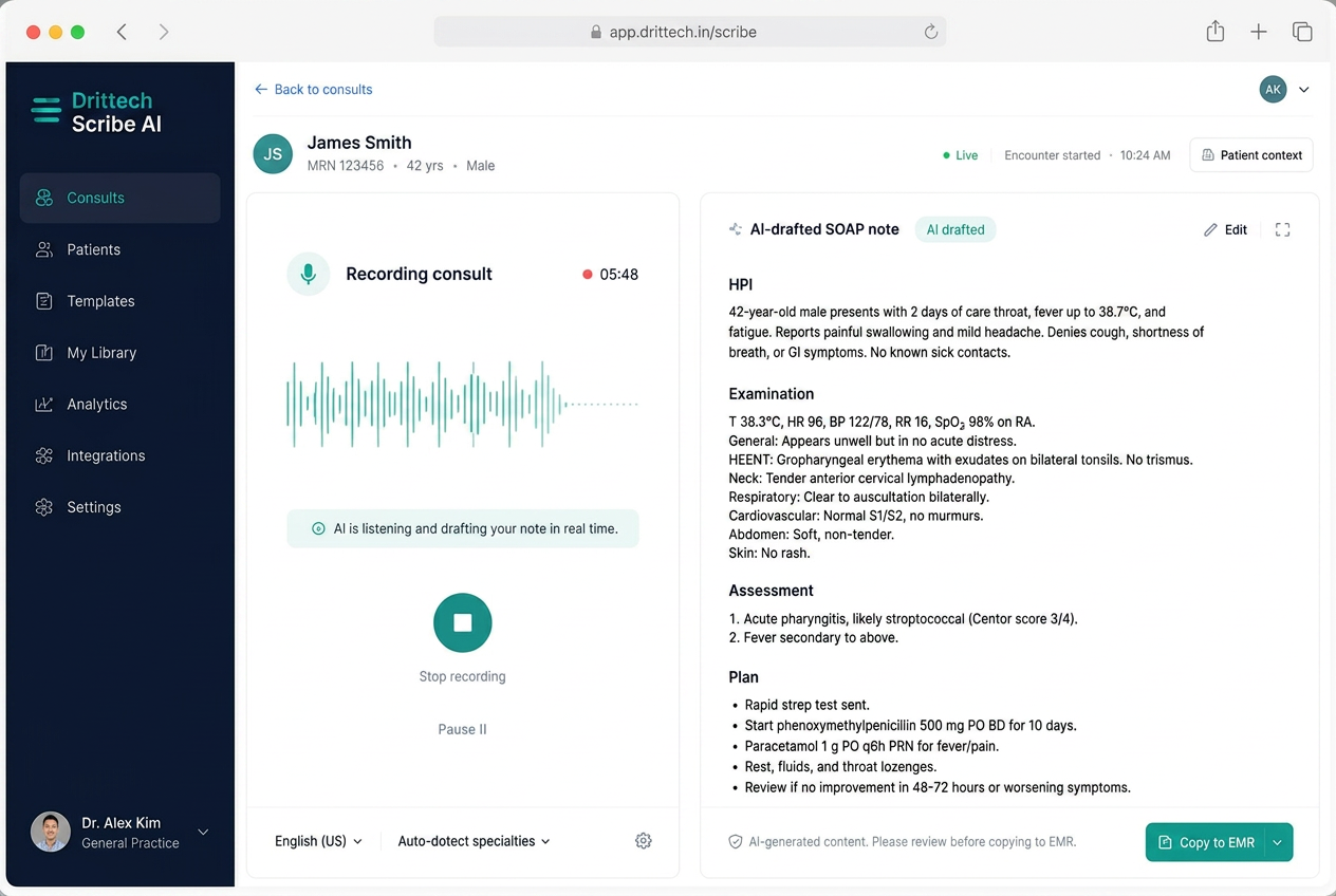 AI Clinical Documentation Assistant product screenshot